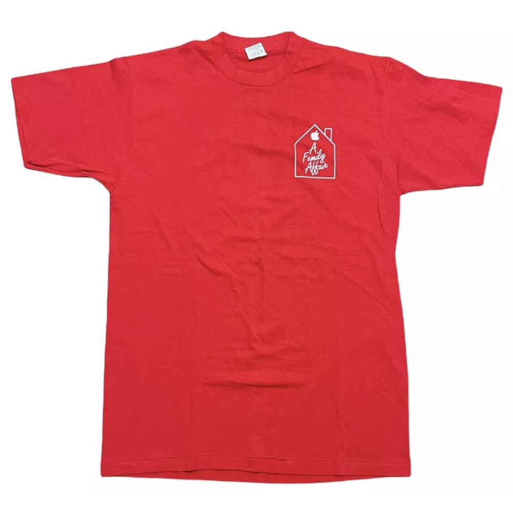 VINTAGE APPLE INC. COMPUTERS SHIRT XL RED SINGLE STITCH A FAMILY AFFAIR RARE